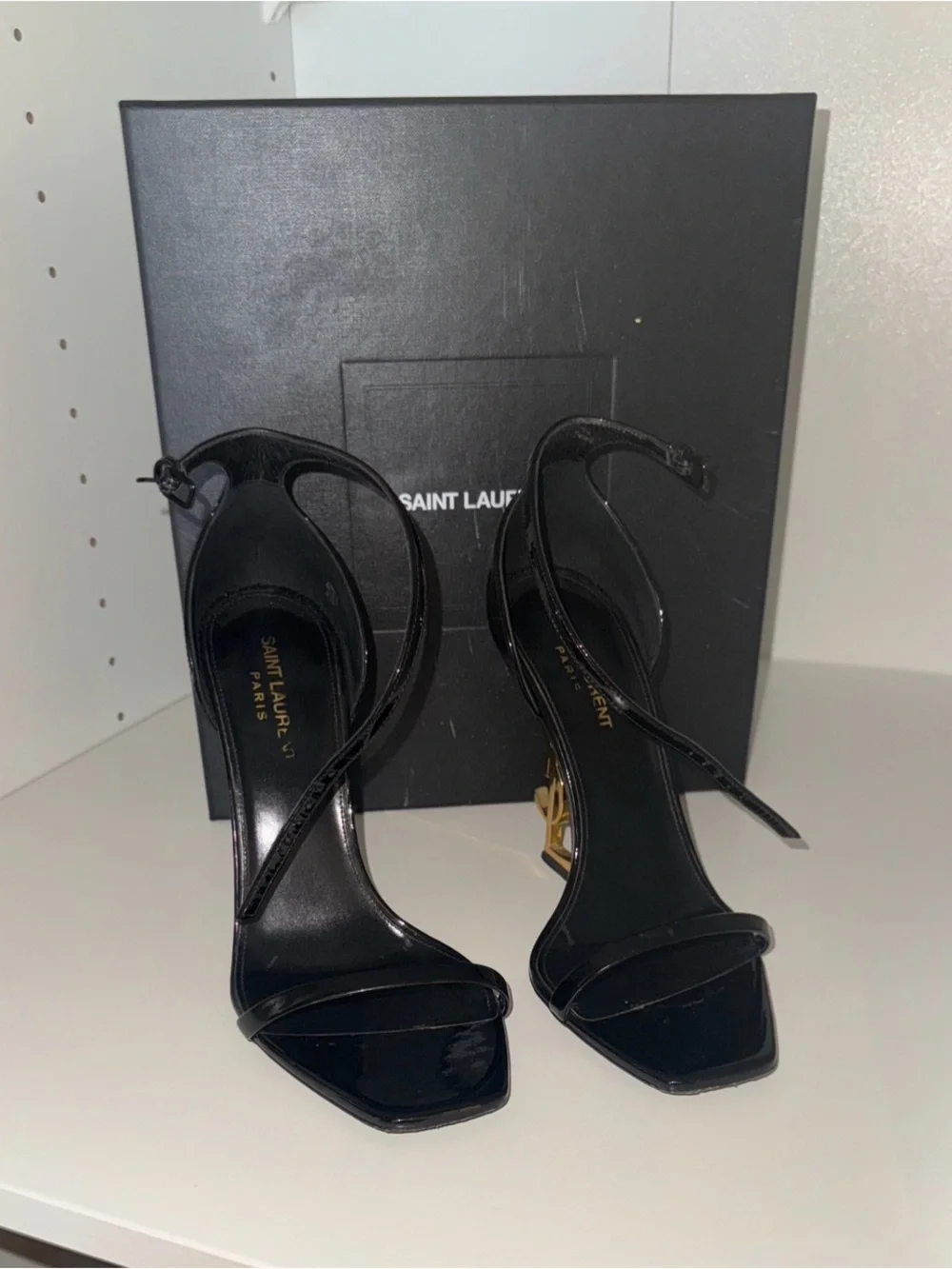 Saint Laurent Black Patent Leather Stiletto Sandals with Gold Accent - Picture 2 of 9